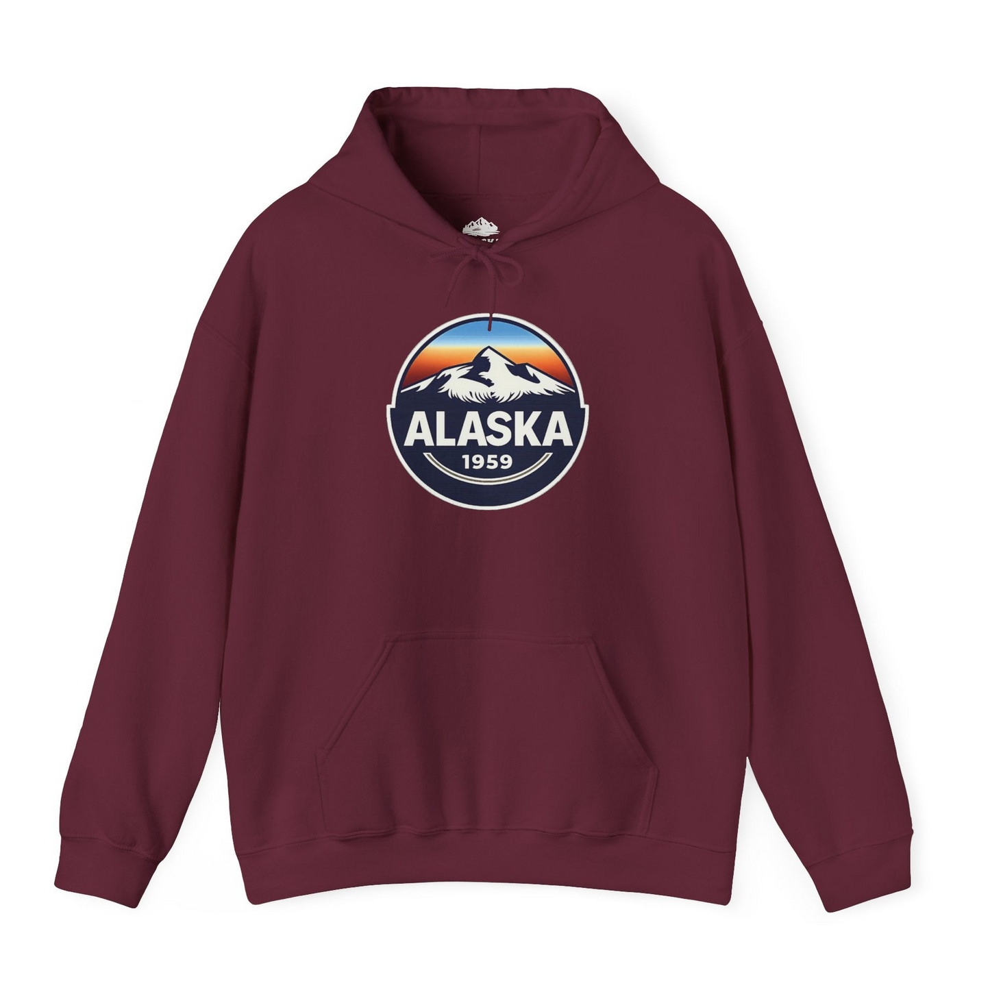 Alaska 1959 Retro Mountain Sunset Badge hoodie Vintage Statehood hoodie — Hoodie Hoodie – Maroon – Alaska Cruise Shirts