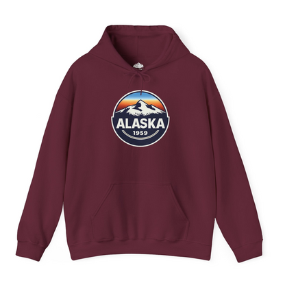 Alaska 1959 Retro Mountain Sunset Badge hoodie Vintage Statehood hoodie — Hoodie Hoodie – Maroon – Alaska Cruise Shirts