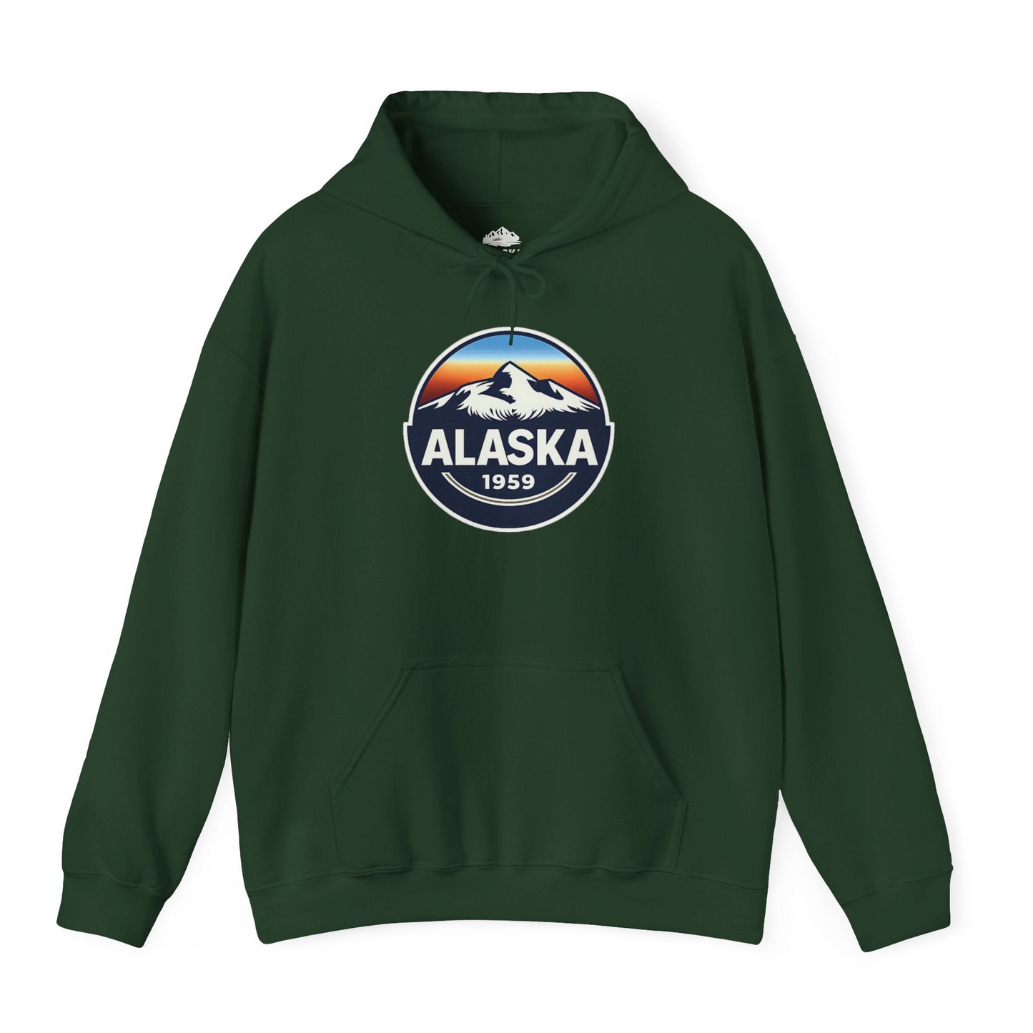 Alaska 1959 Retro Mountain Sunset Badge hoodie Vintage Statehood hoodie — Hoodie Hoodie – Forest Green – Alaska Cruise Shirts