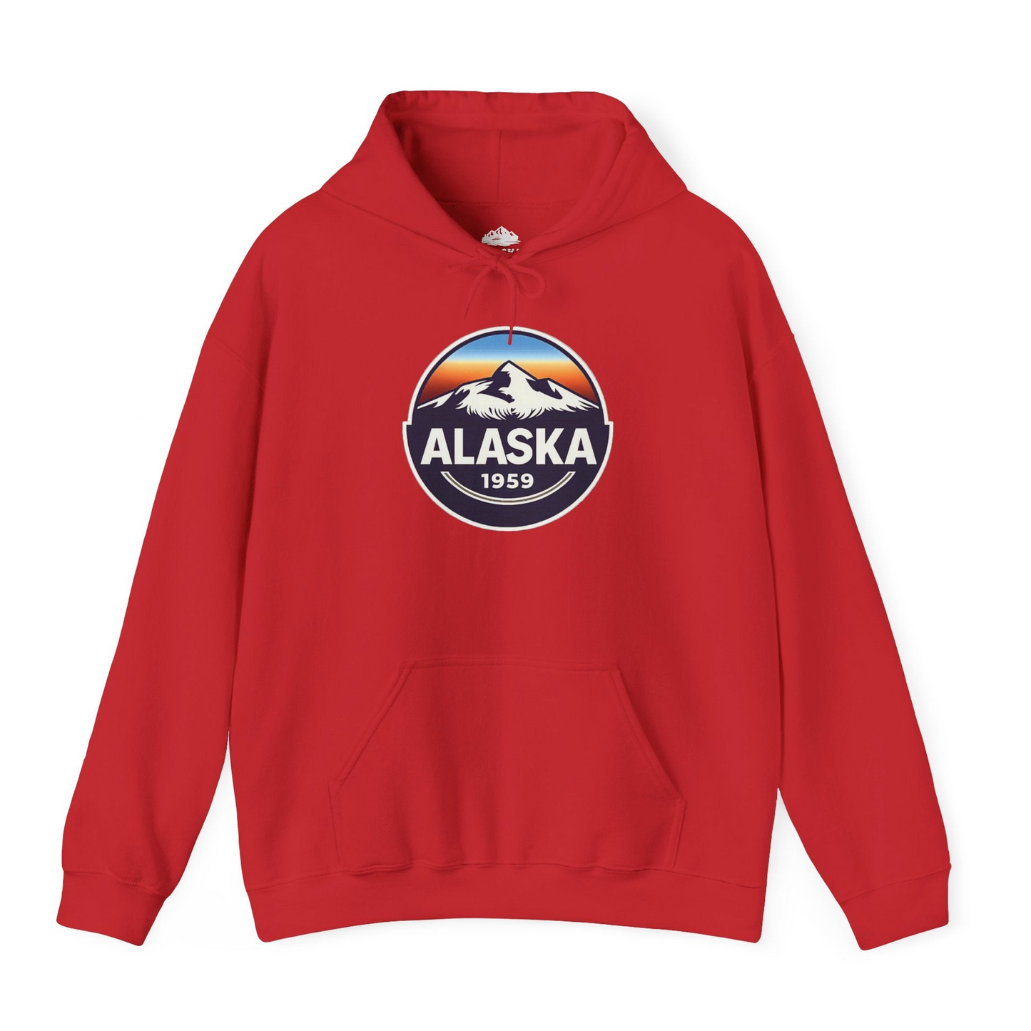 Alaska 1959 Retro Mountain Sunset Badge hoodie Vintage Statehood hoodie — Hoodie Hoodie – Red – Alaska Cruise Shirts