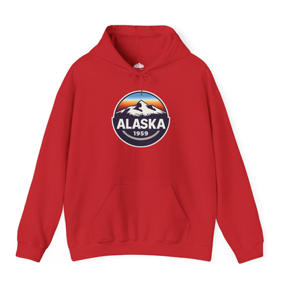 Alaska 1959 Retro Mountain Sunset Badge hoodie Vintage Statehood hoodie — Hoodie Hoodie – Red – Alaska Cruise Shirts