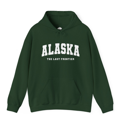 Alaska The Last Frontier Bold Collegiate Vintage State Pride Shirt — Hoodie Hoodie – Forest Green – Alaska Cruise Shirts