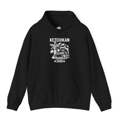 Ketchikan Alaska 2026 Totem Pole and Salmon Souvenir Shirt — Hoodie Hoodie – Black – Alaska Cruise Shirts