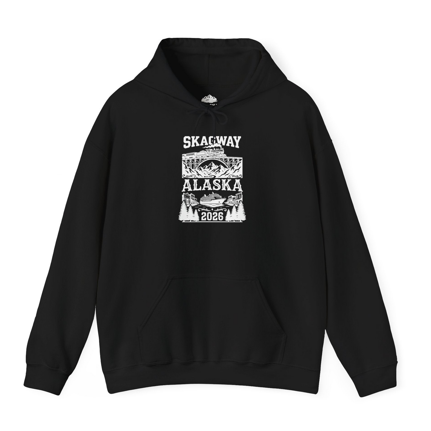 Skagway Alaska Cruise 2026 Shirt with Train and Mountains — Hoodie Hoodie – Black – Alaska Cruise Shirts
