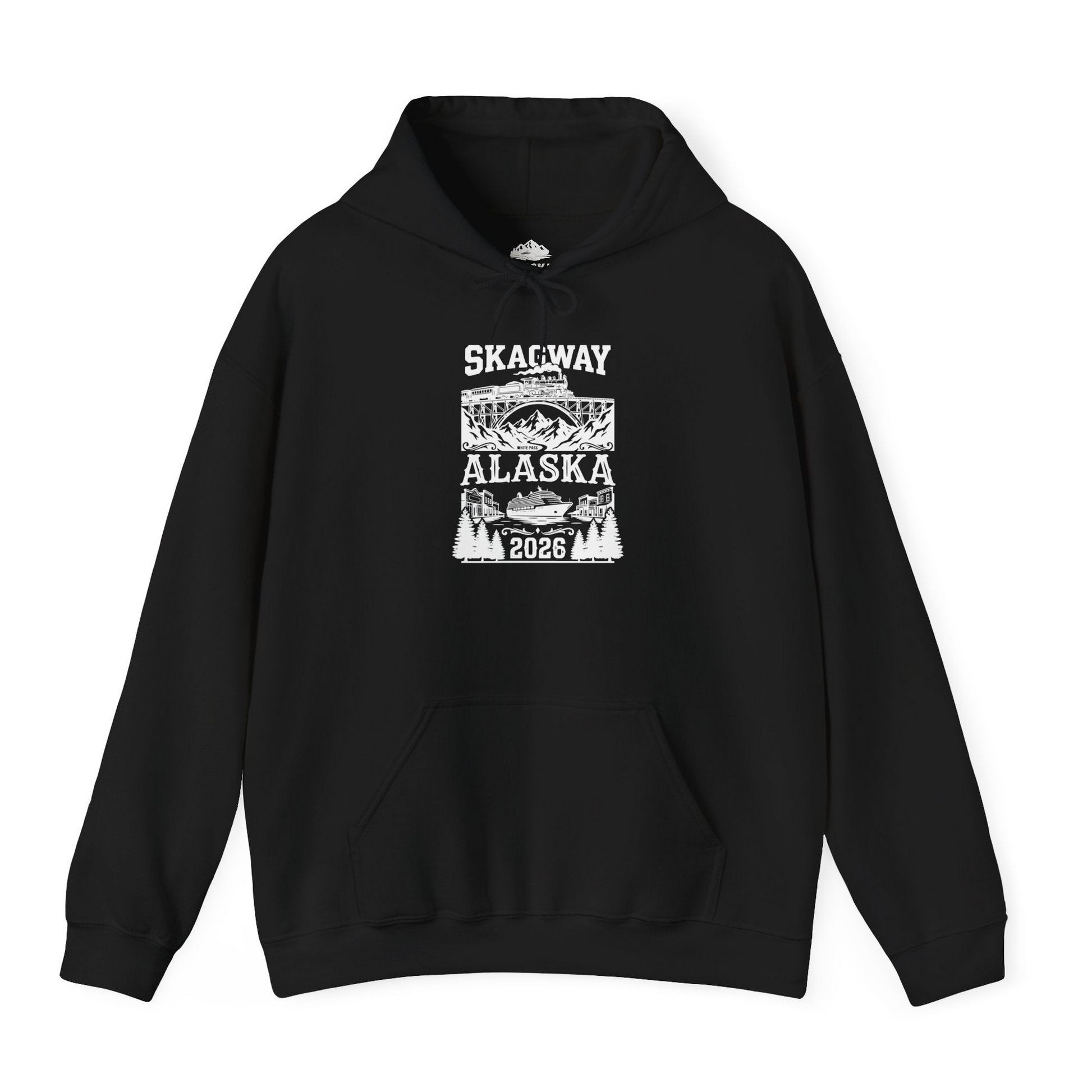 Skagway Alaska Cruise 2026 Shirt with Train and Mountains — Hoodie Hoodie – Black – Alaska Cruise Shirts