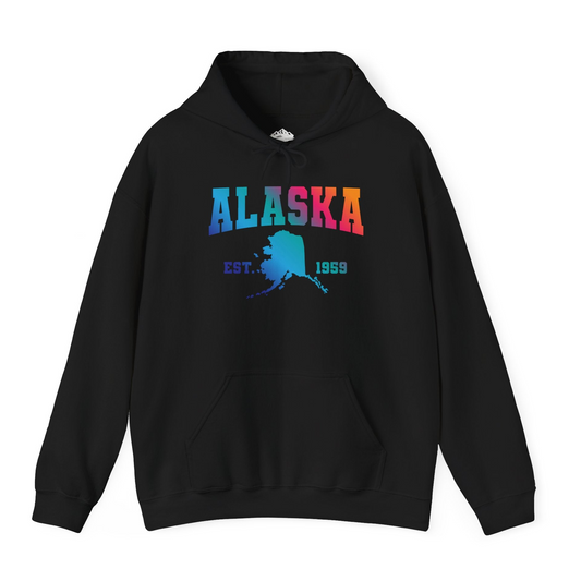 Retro Alaska Est 1959 Shirt - Bold Collegiate Map Gradient Design Hoodie – Black – Alaska Cruise Shirts