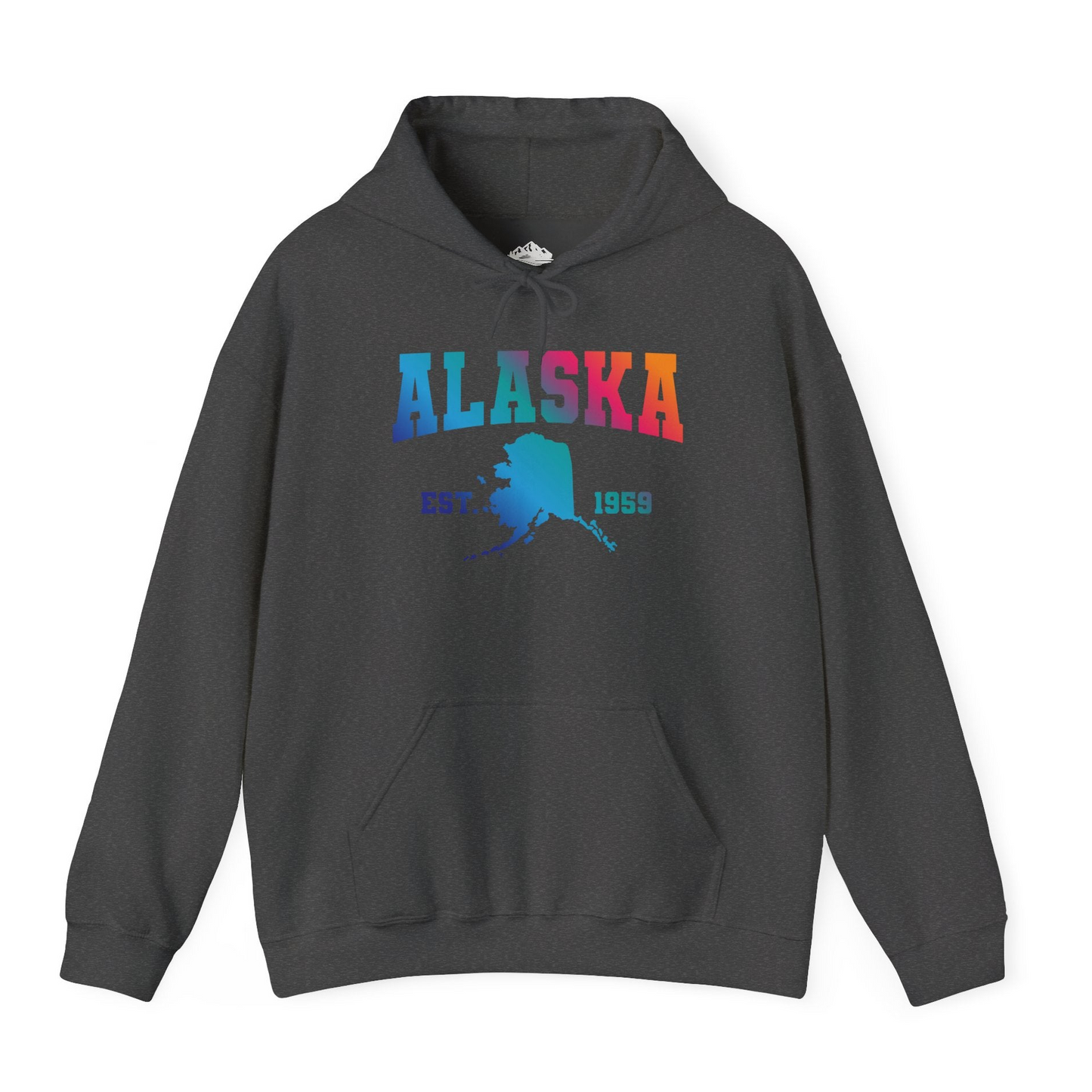 Retro Alaska Est 1959 Shirt - Bold Collegiate Map Gradient Design Hoodie – Dark Heather – Alaska Cruise Shirts