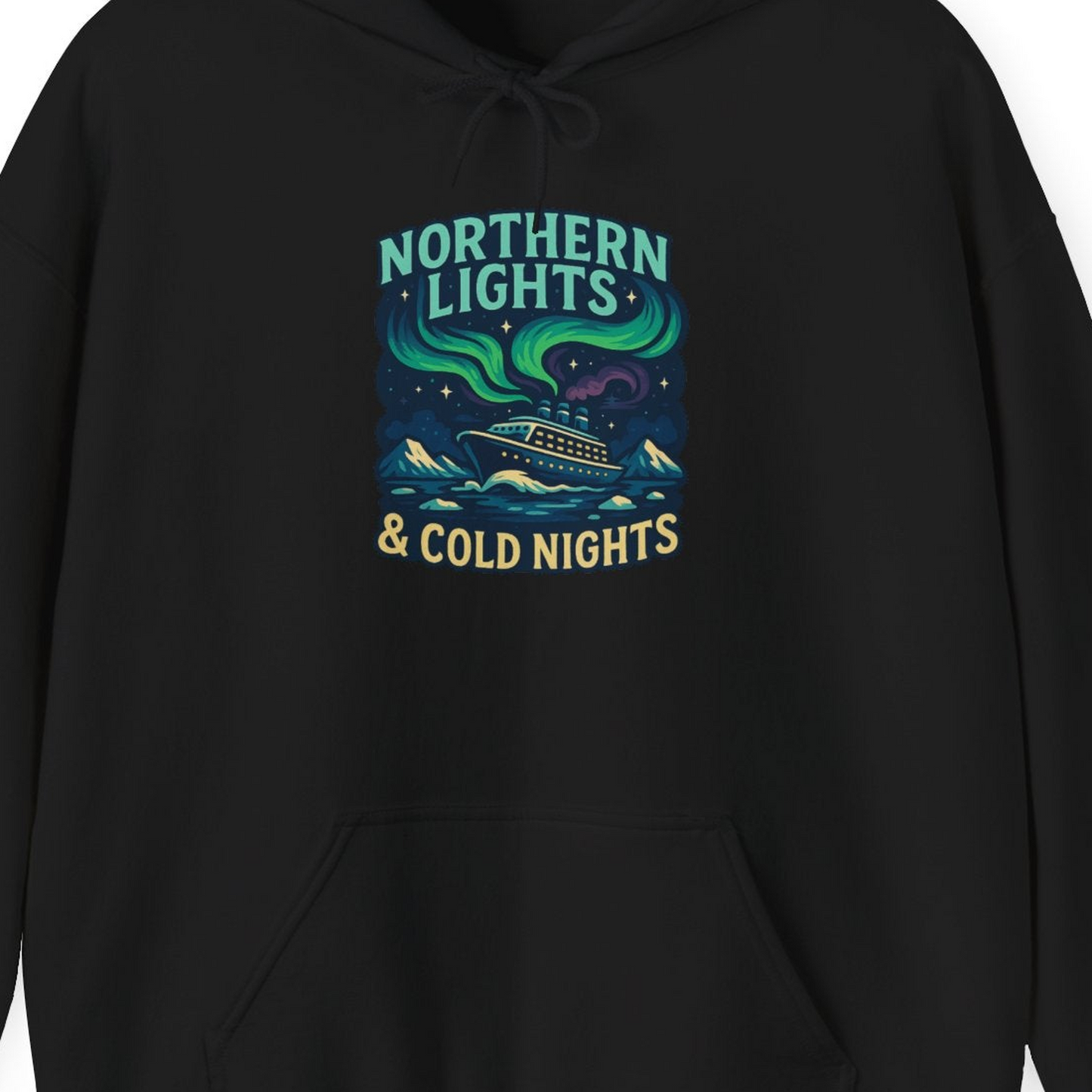 Northern Lights Alaska Cruise Ship Night Adventure Travel Shirt — Hoodie Hoodie – Black – Alaska Cruise Shirts Close Up