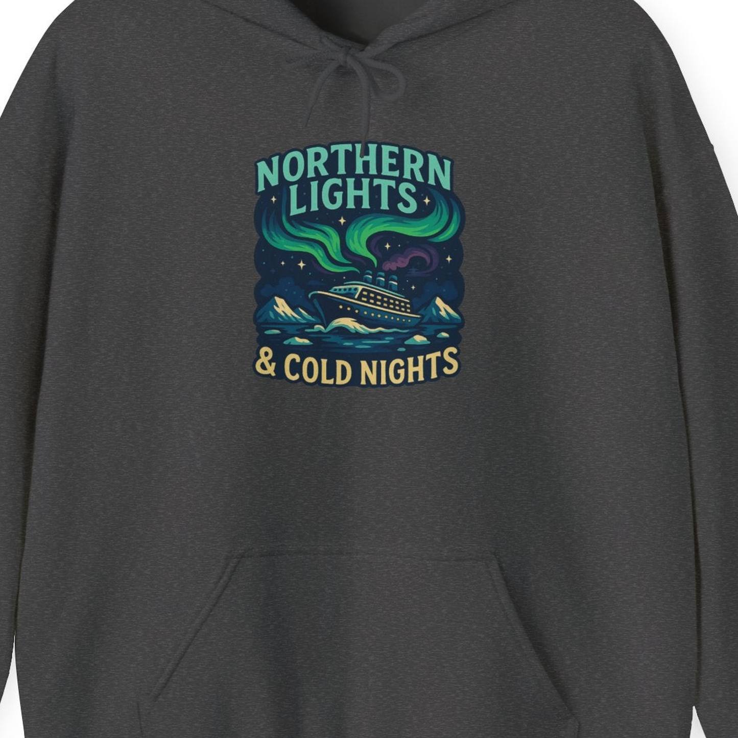 Northern Lights Alaska Cruise Ship Night Adventure Travel Shirt — Hoodie Hoodie – Dark Heather – Alaska Cruise Shirts Close Up