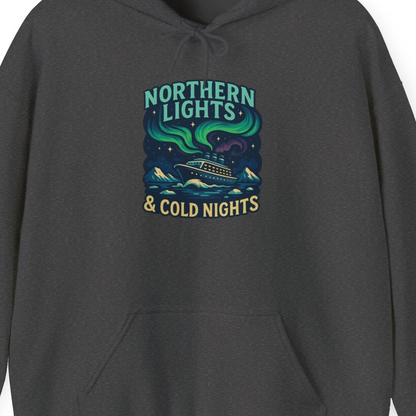 Northern Lights Alaska Cruise Ship Night Adventure Travel Shirt — Hoodie Hoodie – Dark Heather – Alaska Cruise Shirts Close Up
