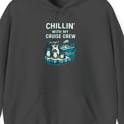 Chillin With My Cruise Crew Cute Penguins Alaska Cartoon Shirt — Hoodie Hoodie – Dark Heather – Alaska Cruise Shirts Close Up