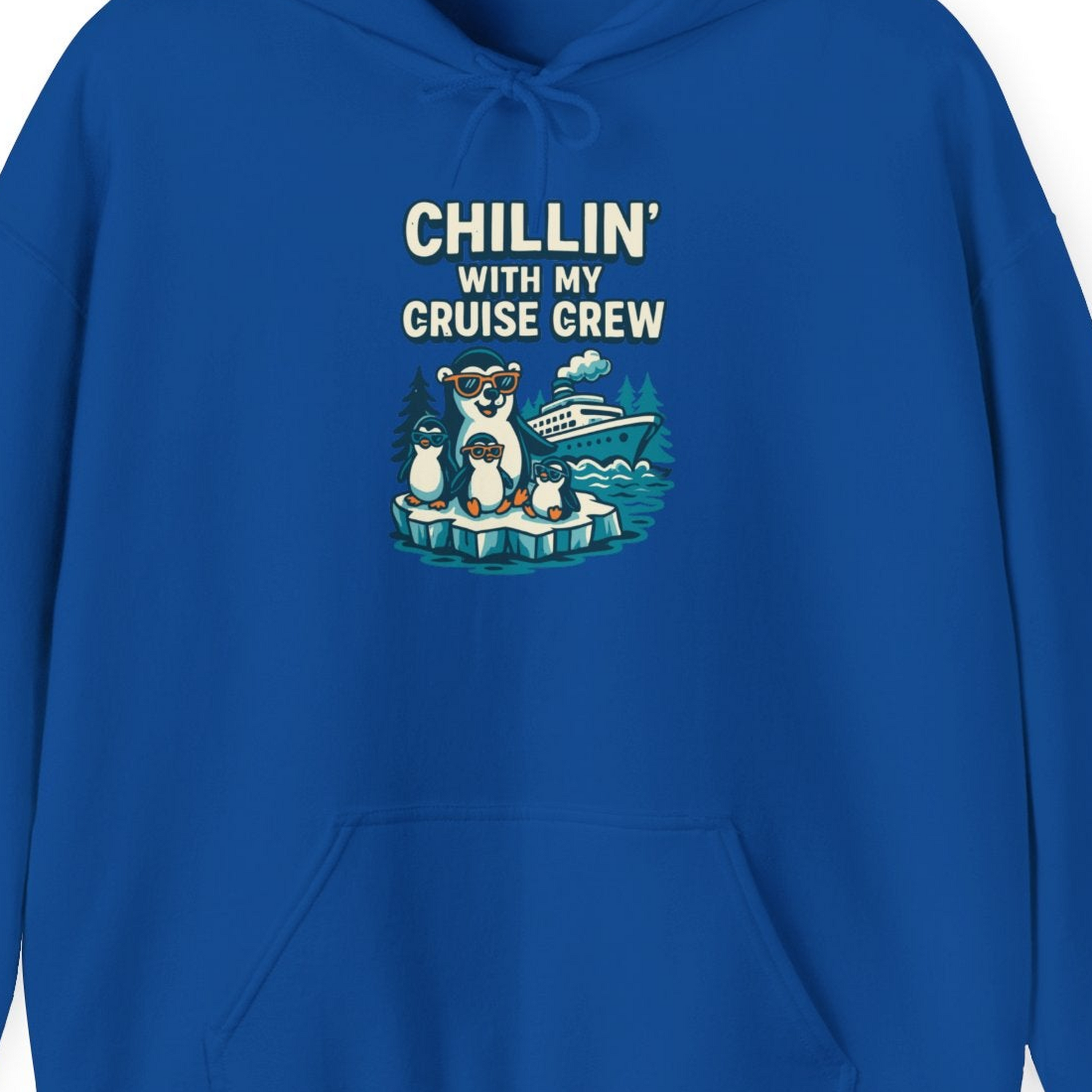 Chillin With My Cruise Crew Cute Penguins Alaska Cartoon Shirt — Hoodie Hoodie – Royal – Alaska Cruise Shirts Close Up