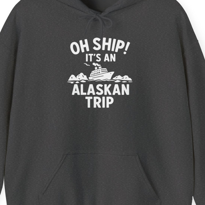 Oh Ship Alaskan Cruise Shirt Hoodie – Dark Heather – Alaska Cruise Shirts Close Up