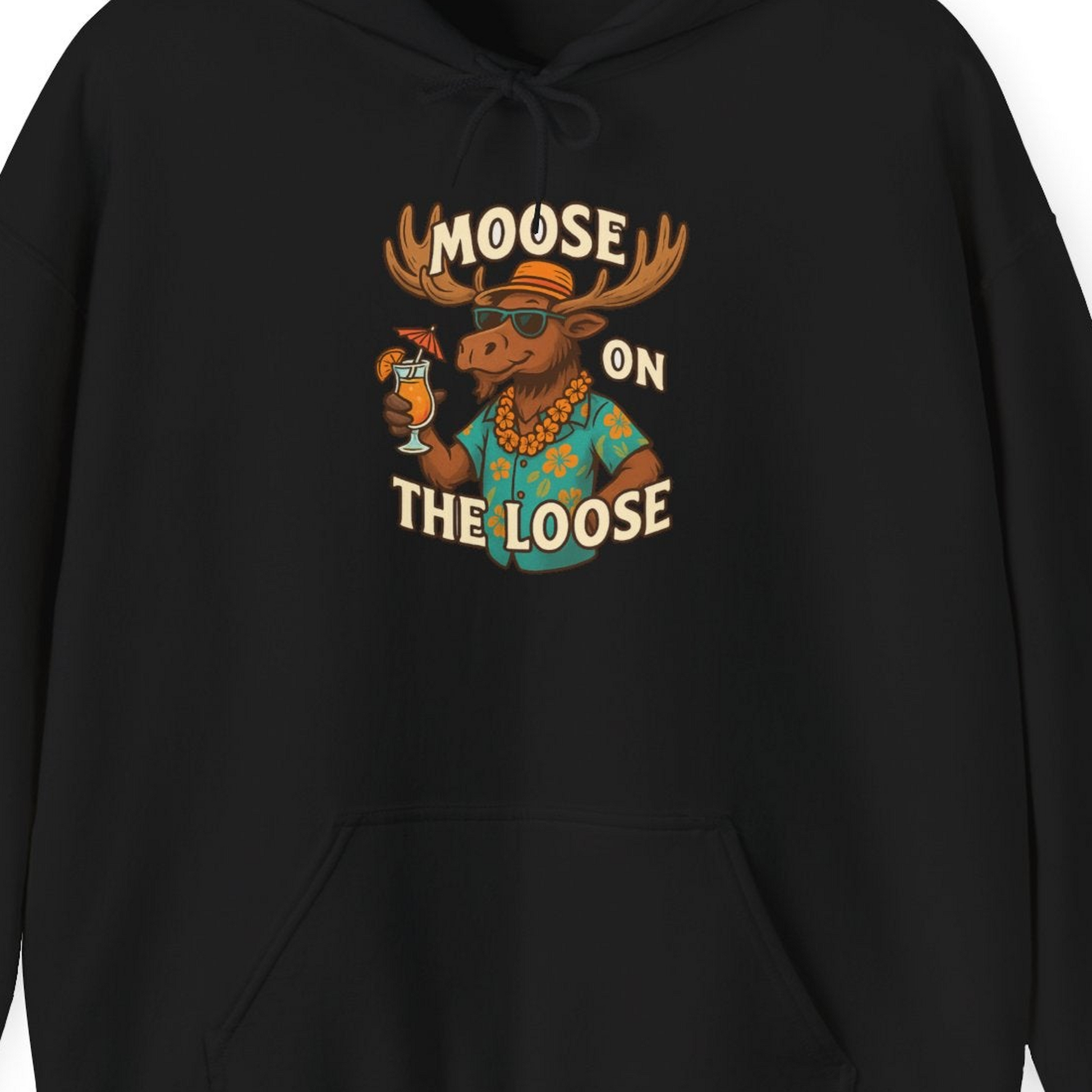 Moose On The Loose Funny Tropical Cartoon Vacation Shirt — Hoodie Hoodie – Black – Alaska Cruise Shirts Close Up