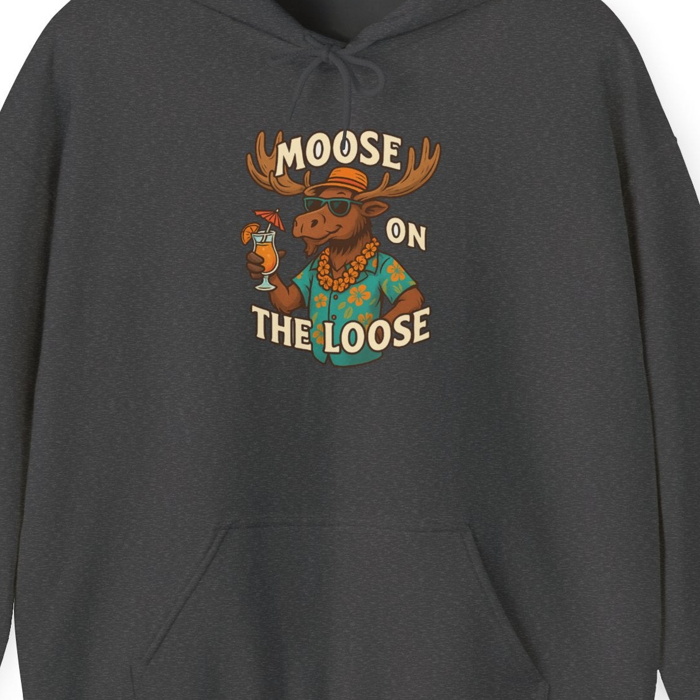Moose On The Loose Funny Tropical Cartoon Vacation Shirt — Hoodie Hoodie – Dark Heather – Alaska Cruise Shirts Close Up