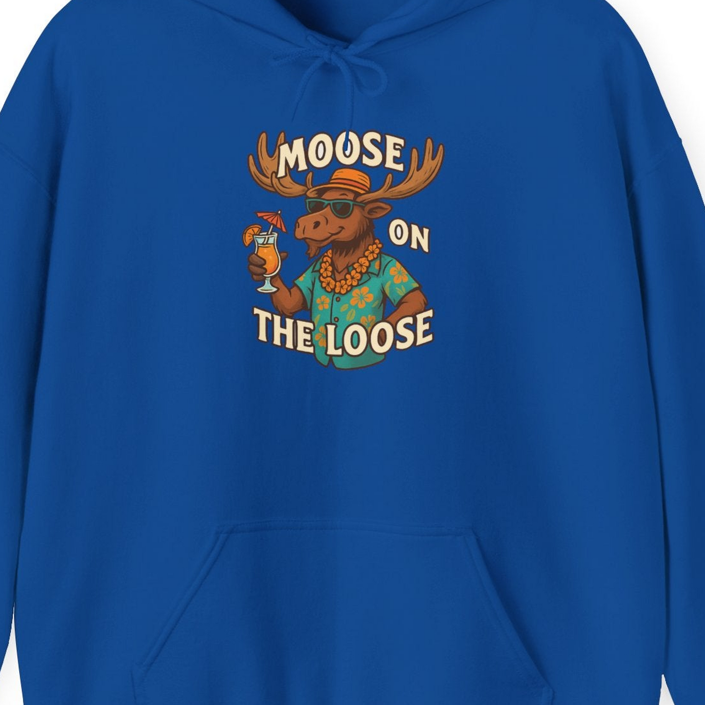 Moose On The Loose Funny Tropical Cartoon Vacation Shirt — Hoodie Hoodie – Royal – Alaska Cruise Shirts Close Up