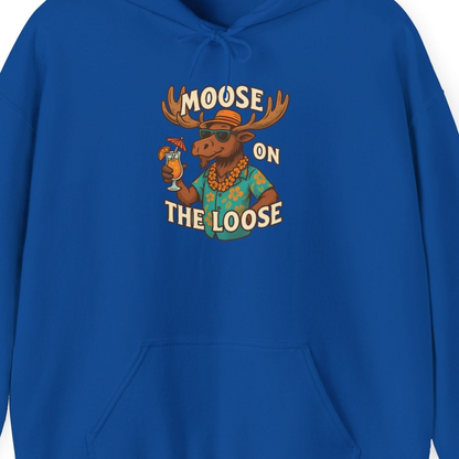 Moose On The Loose Funny Tropical Cartoon Vacation Shirt — Hoodie Hoodie – Royal – Alaska Cruise Shirts Close Up
