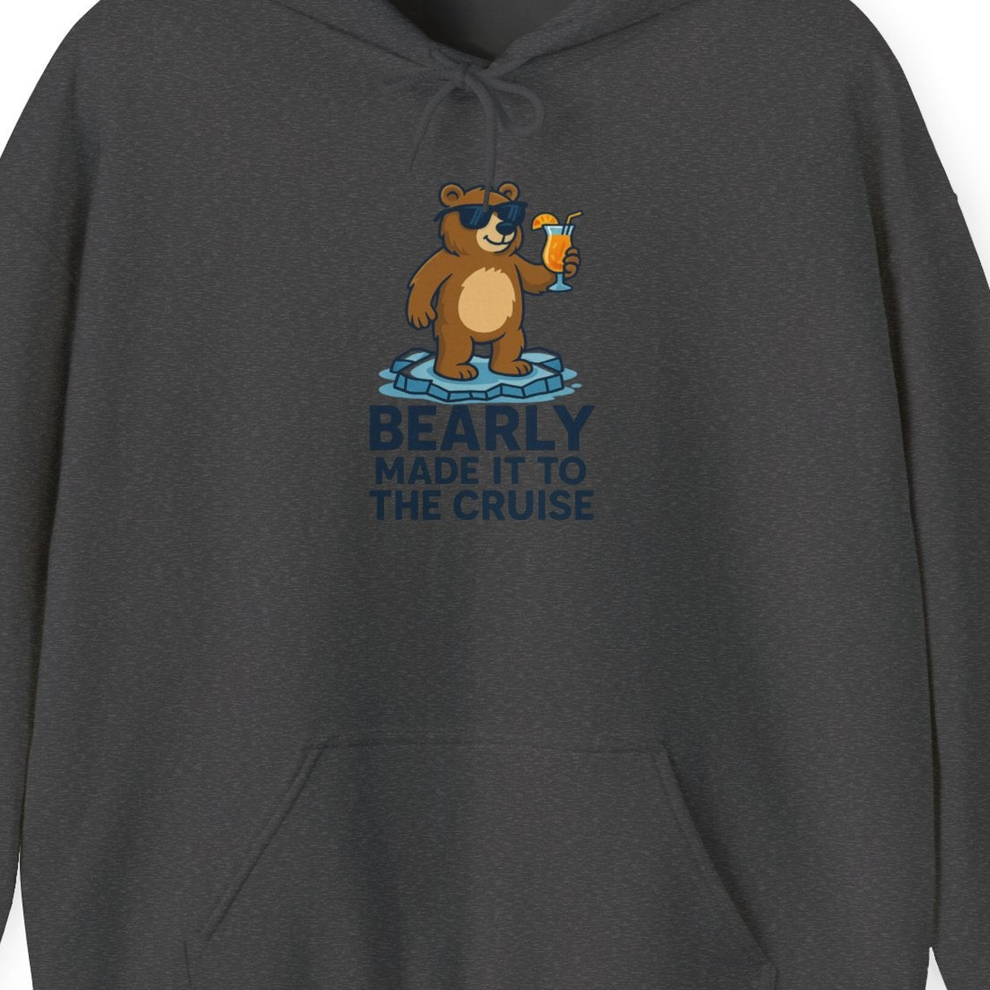 Bear Cruise Shirt Hoodie – Dark Heather – Alaska Cruise Shirts Close Up