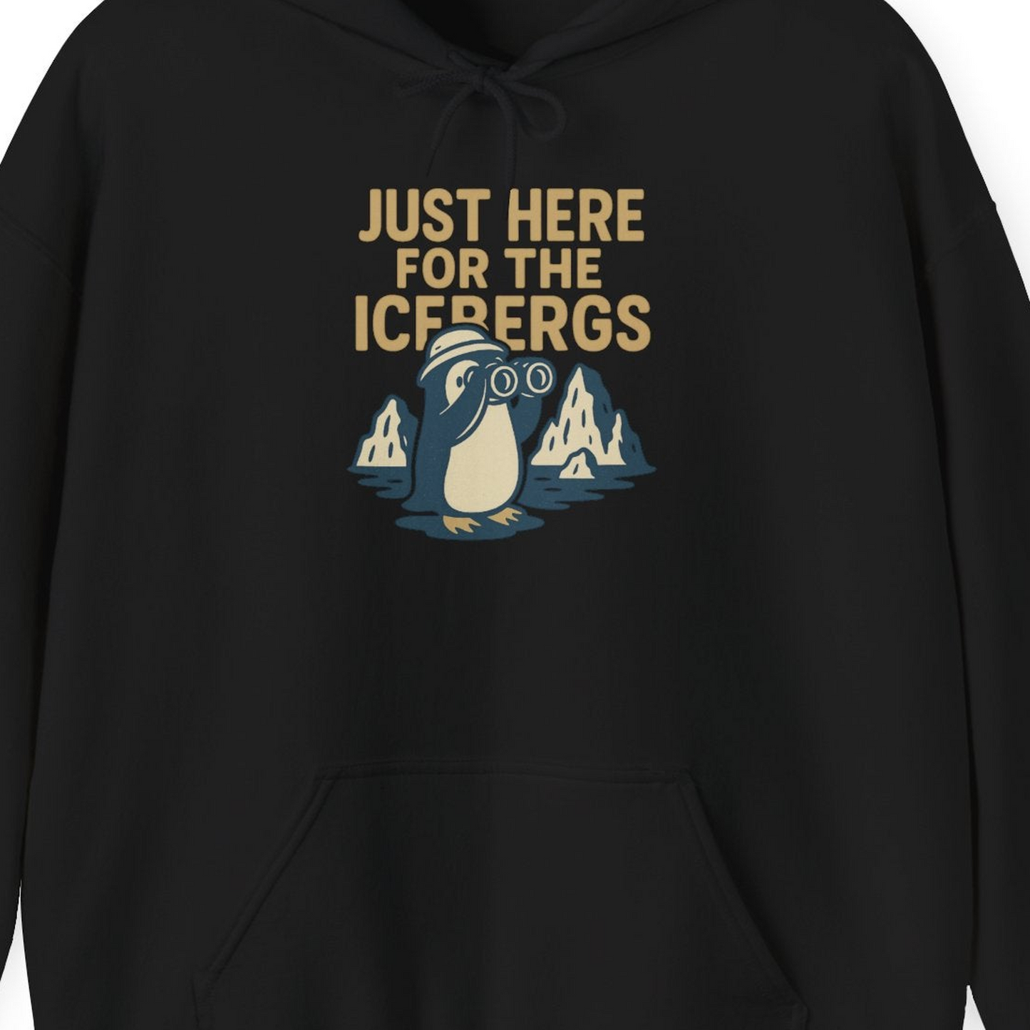 Just Here For The Icebergs Penguin Shirt Hoodie – Black – Alaska Cruise Shirts Close Up