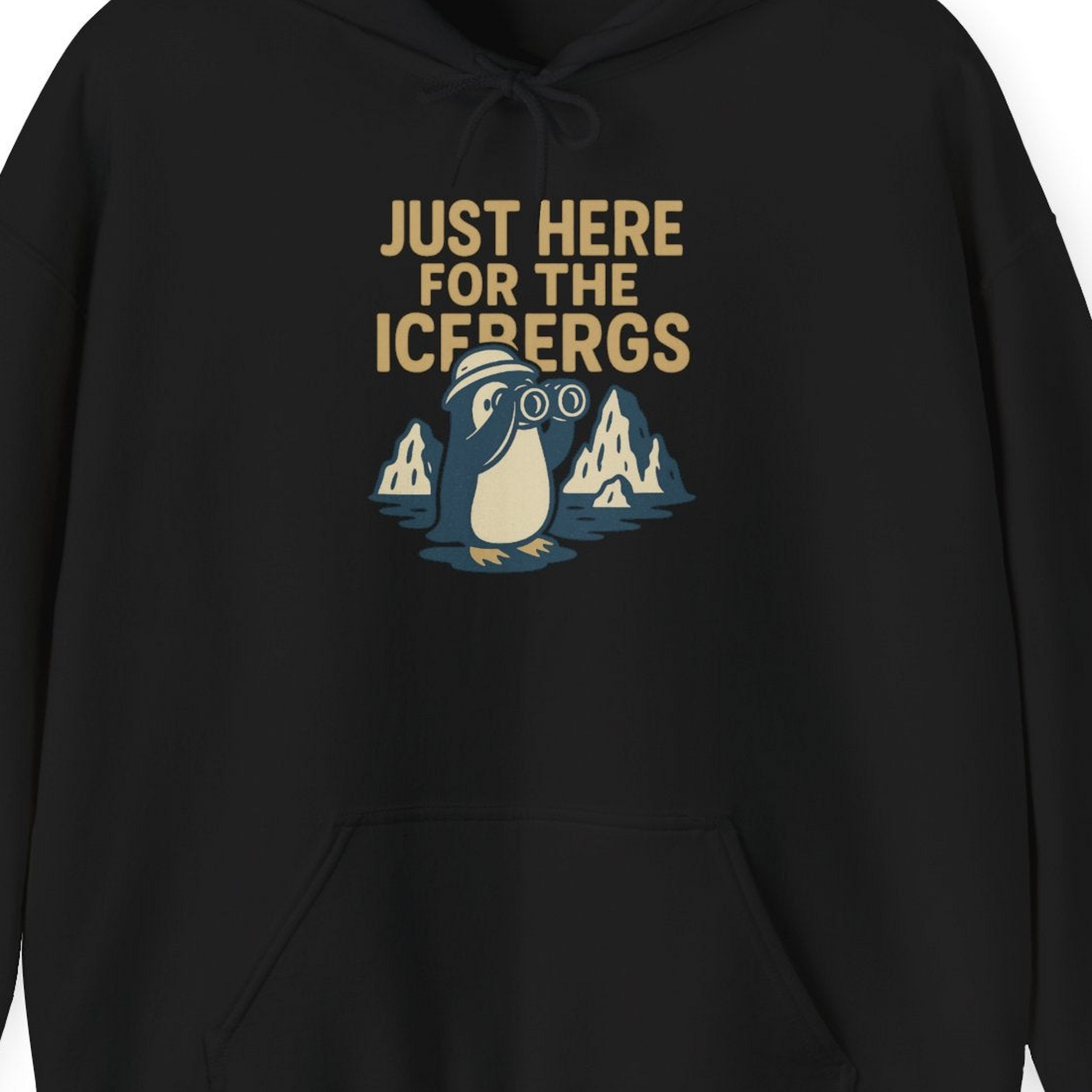 Just Here For The Icebergs Penguin Shirt Hoodie – Black – Alaska Cruise Shirts Close Up