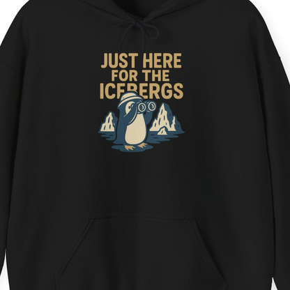 Just Here For The Icebergs Penguin Shirt Hoodie – Black – Alaska Cruise Shirts Close Up