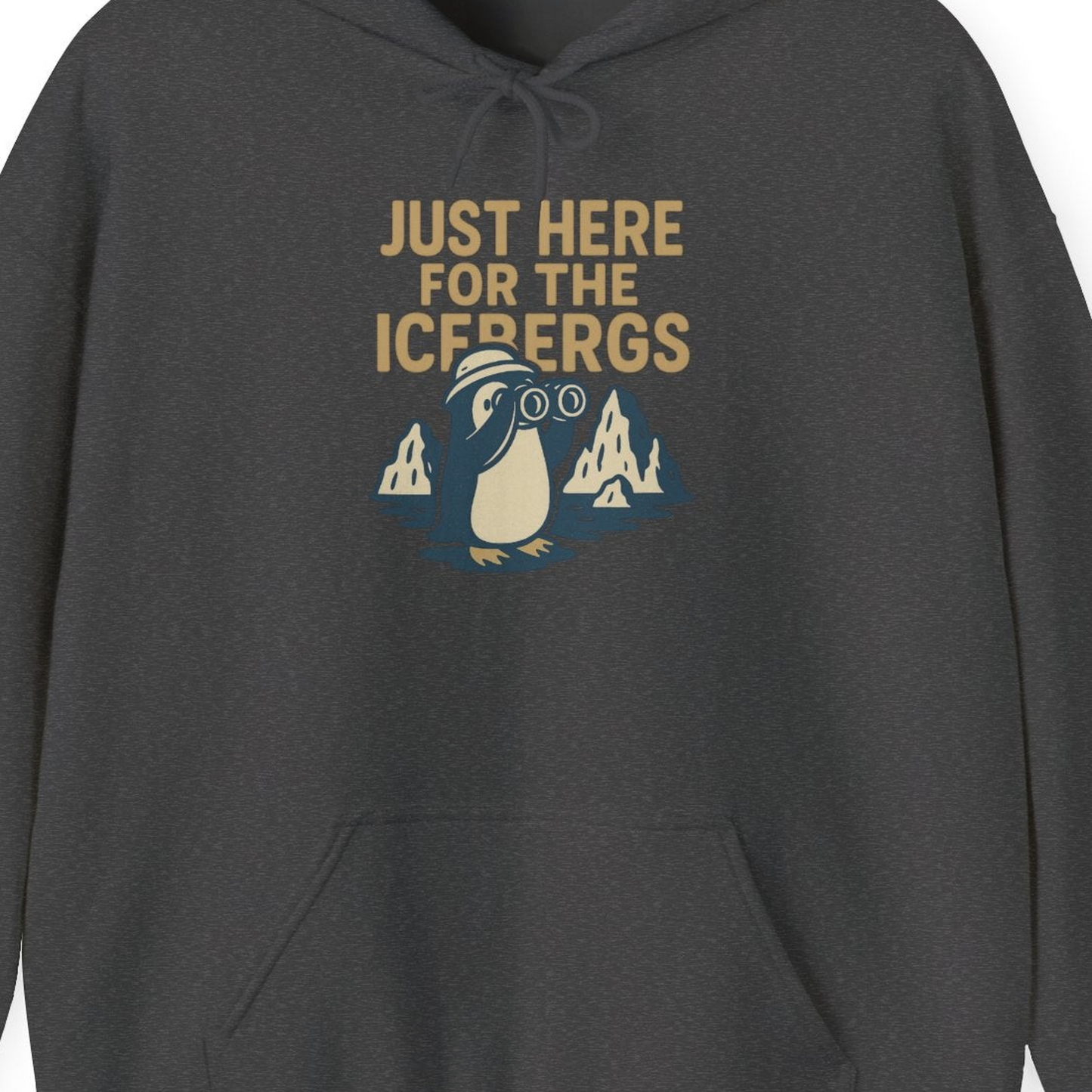 Just Here For The Icebergs Penguin Shirt Hoodie – Dark Heather – Alaska Cruise Shirts Close Up