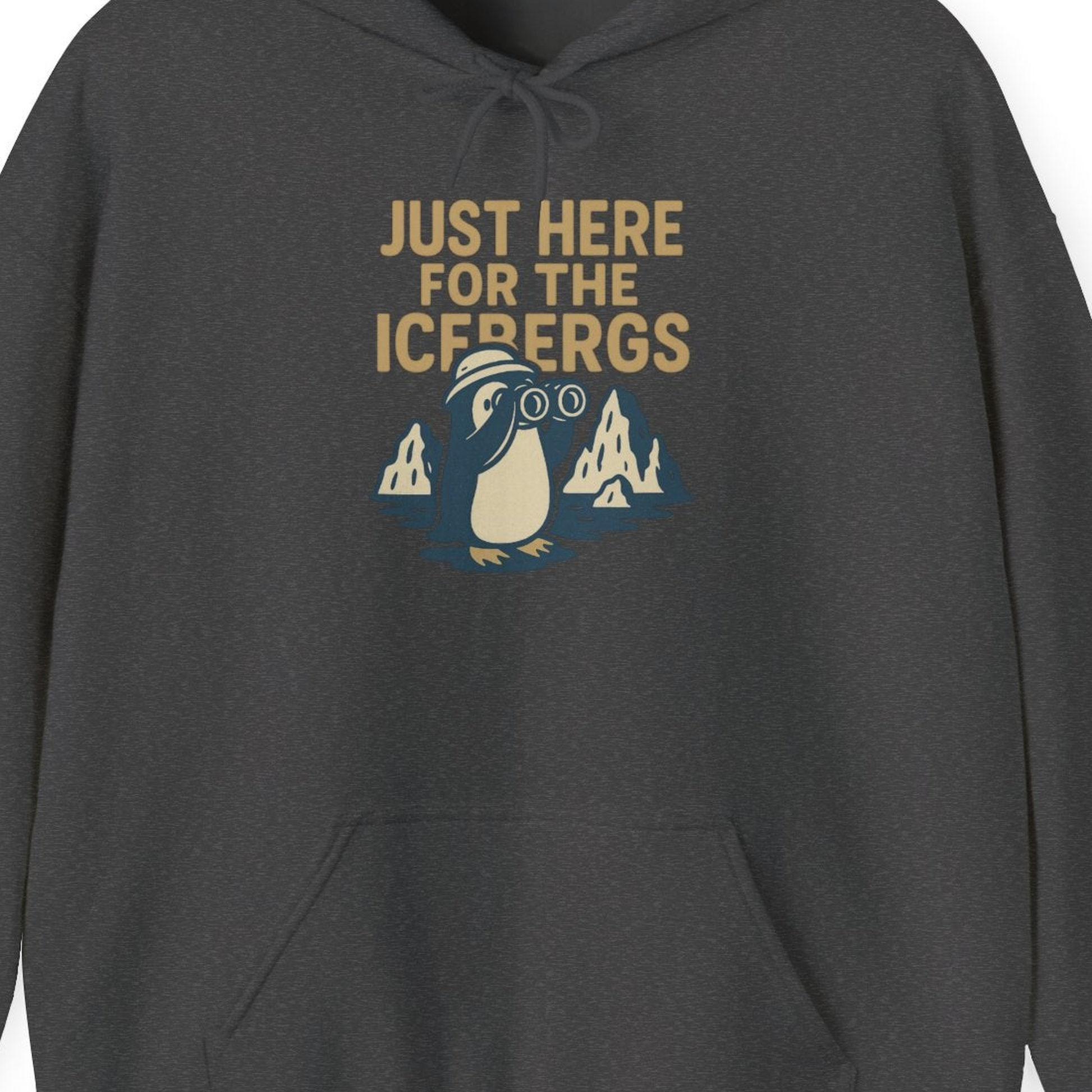 Just Here For The Icebergs Penguin Shirt Hoodie – Dark Heather – Alaska Cruise Shirts Close Up