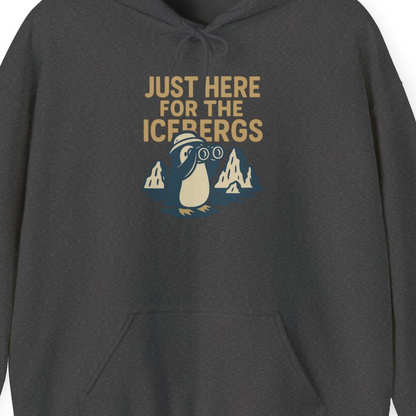 Just Here For The Icebergs Penguin Shirt Hoodie – Dark Heather – Alaska Cruise Shirts Close Up