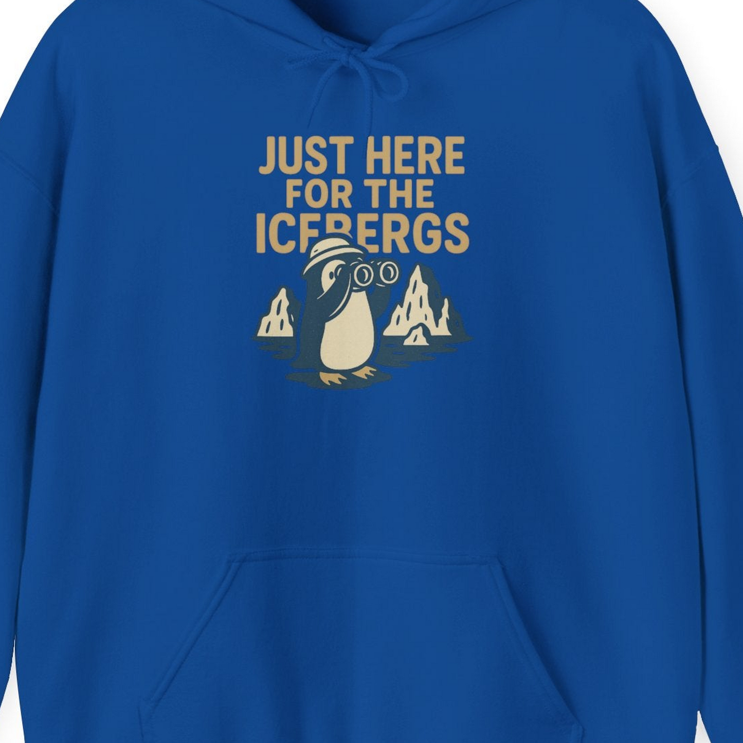 Just Here For The Icebergs Penguin Shirt Hoodie – Royal – Alaska Cruise Shirts Close Up