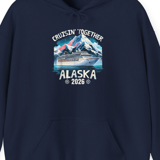 Alaska Cruise 2026 Shirt Hoodie – Navy – Alaska Cruise Shirts Close Up