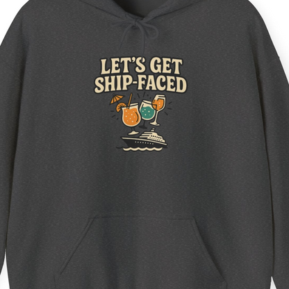 Lets Get Ship Faced Shirt Hoodie – Dark Heather – Alaska Cruise Shirts Close Up