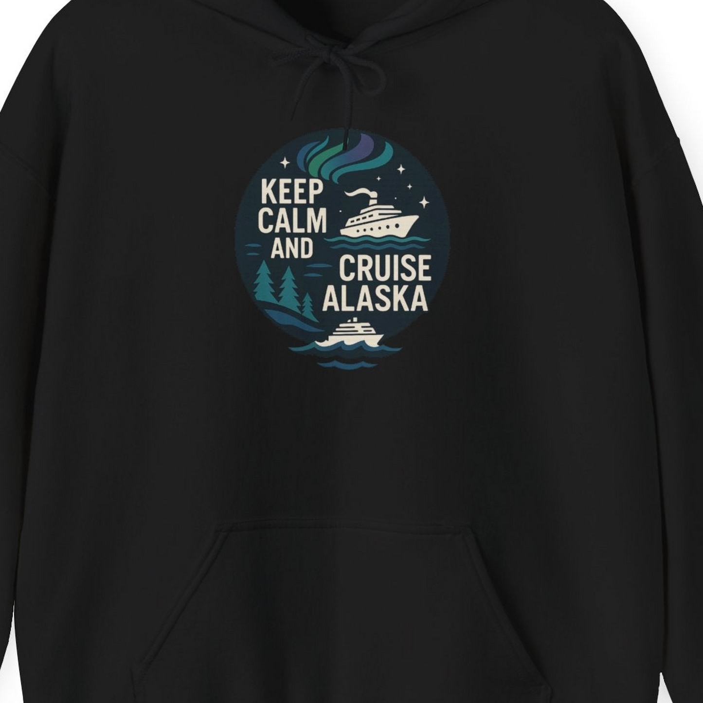Keep Calm Cruise Alaska Shirt Hoodie – Black – Alaska Cruise Shirts Close Up