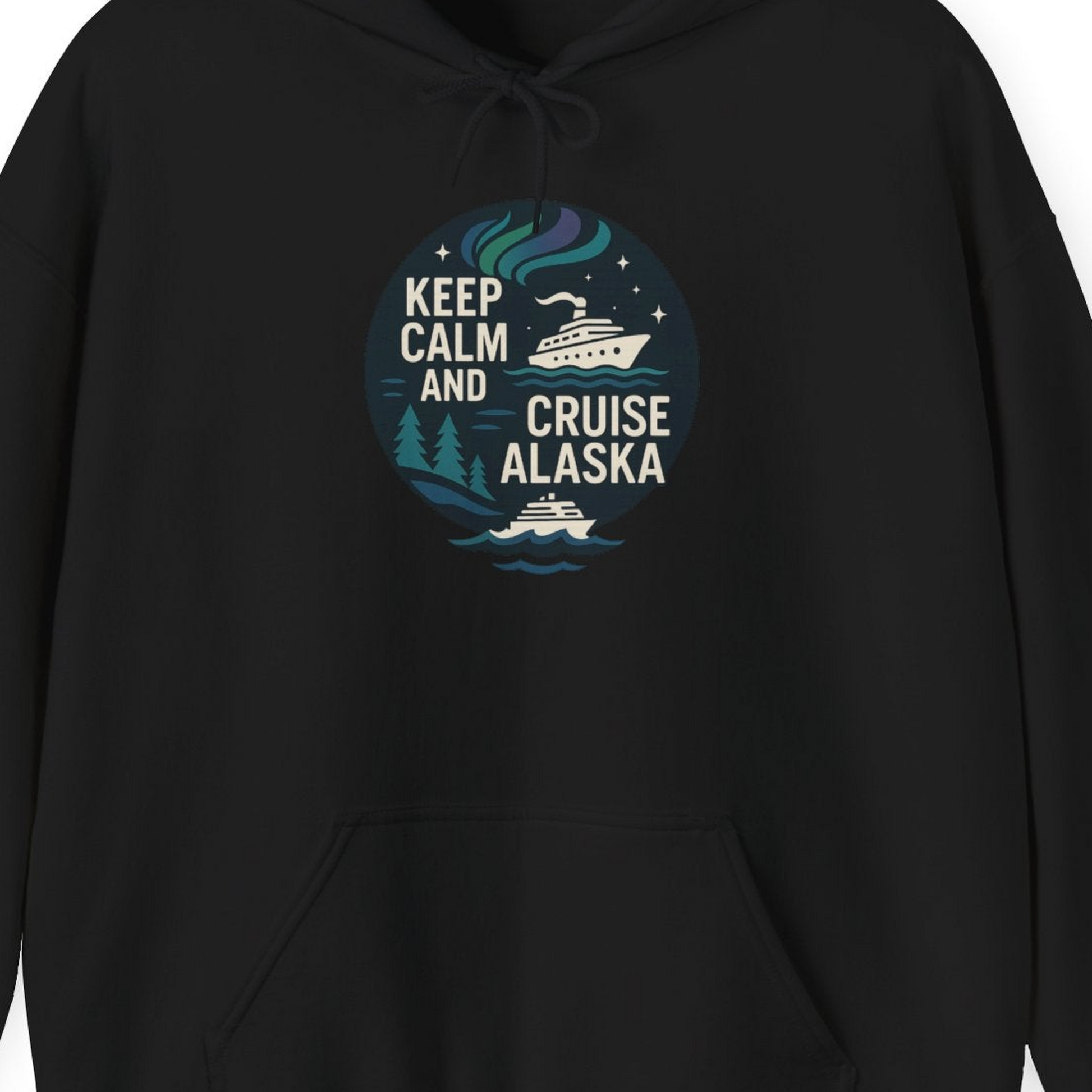 Keep Calm Cruise Alaska Shirt Hoodie – Black – Alaska Cruise Shirts Close Up