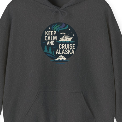 Keep Calm Cruise Alaska Shirt Hoodie – Dark Heather – Alaska Cruise Shirts Close Up