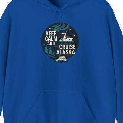 Keep Calm Cruise Alaska Shirt Hoodie – Royal – Alaska Cruise Shirts Close Up