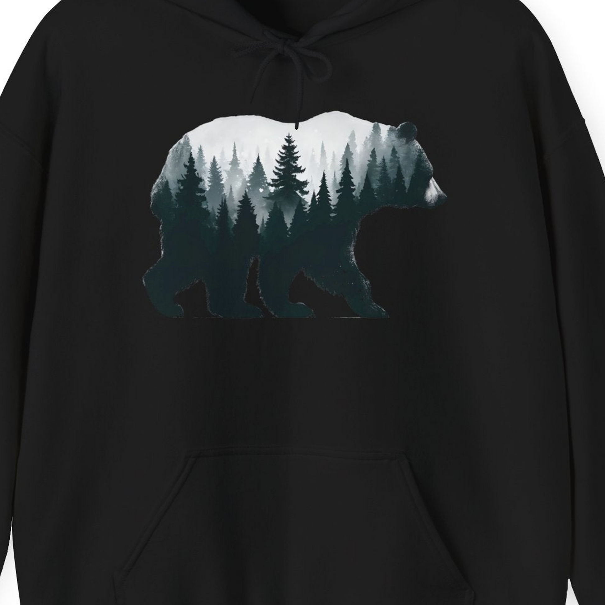 Double Exposure Bear Forest Silhouette Wilderness Shirt for Nature Lovers — Hoodie Hoodie – Black – Alaska Cruise Shirts Close Up