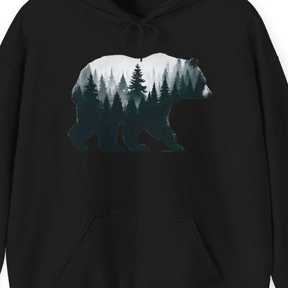 Double Exposure Bear Forest Silhouette Wilderness Shirt for Nature Lovers — Hoodie Hoodie – Black – Alaska Cruise Shirts Close Up