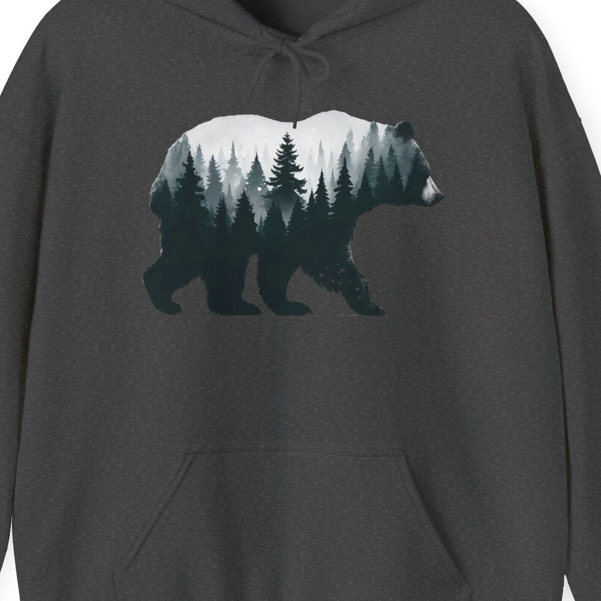 Double Exposure Bear Forest Silhouette Wilderness Shirt for Nature Lovers — Hoodie Hoodie – Dark Heather – Alaska Cruise Shirts Close Up