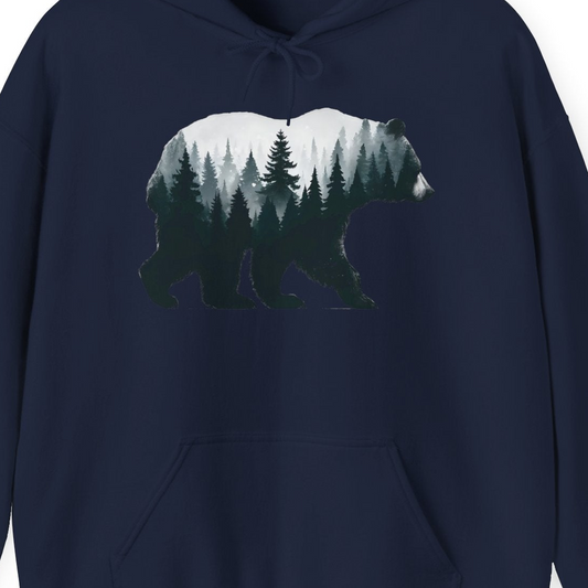 Double Exposure Bear Forest Silhouette Wilderness Shirt for Nature Lovers — Hoodie Hoodie – Navy – Alaska Cruise Shirts Close Up