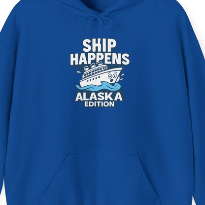 Ship Happens Alaska Cruise Shirt Hoodie – Royal – Alaska Cruise Shirts Close Up