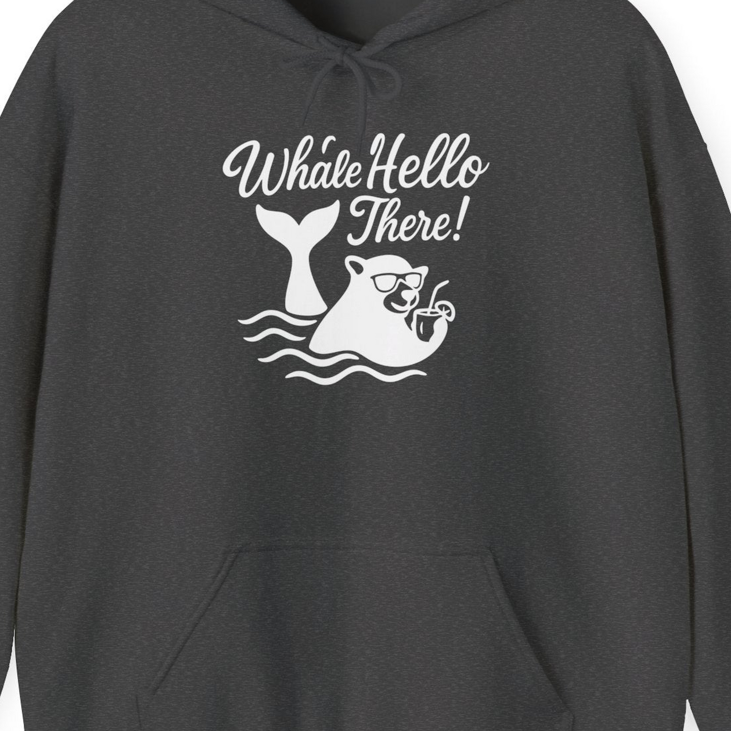 Whale Hello There Shirt Hoodie – Dark Heather – Alaska Cruise Shirts Close Up