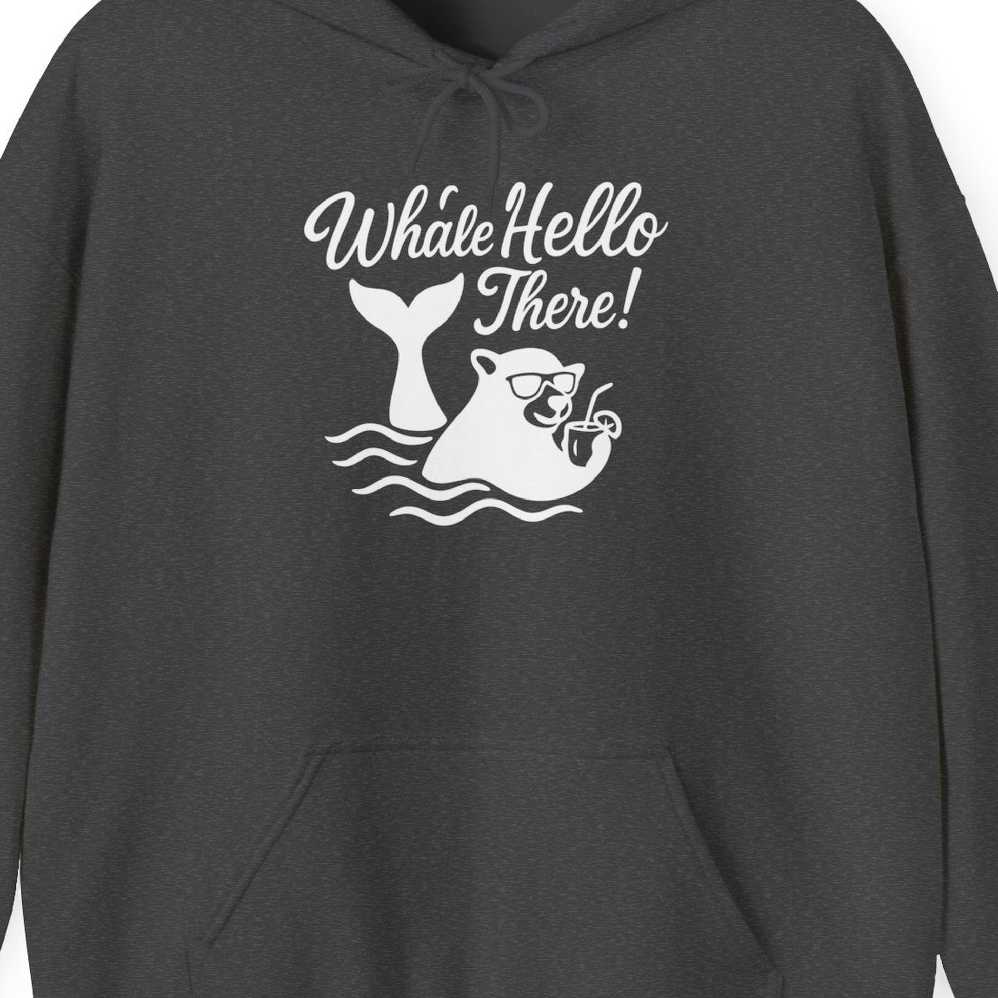 Whale Hello There Shirt Hoodie – Dark Heather – Alaska Cruise Shirts Close Up