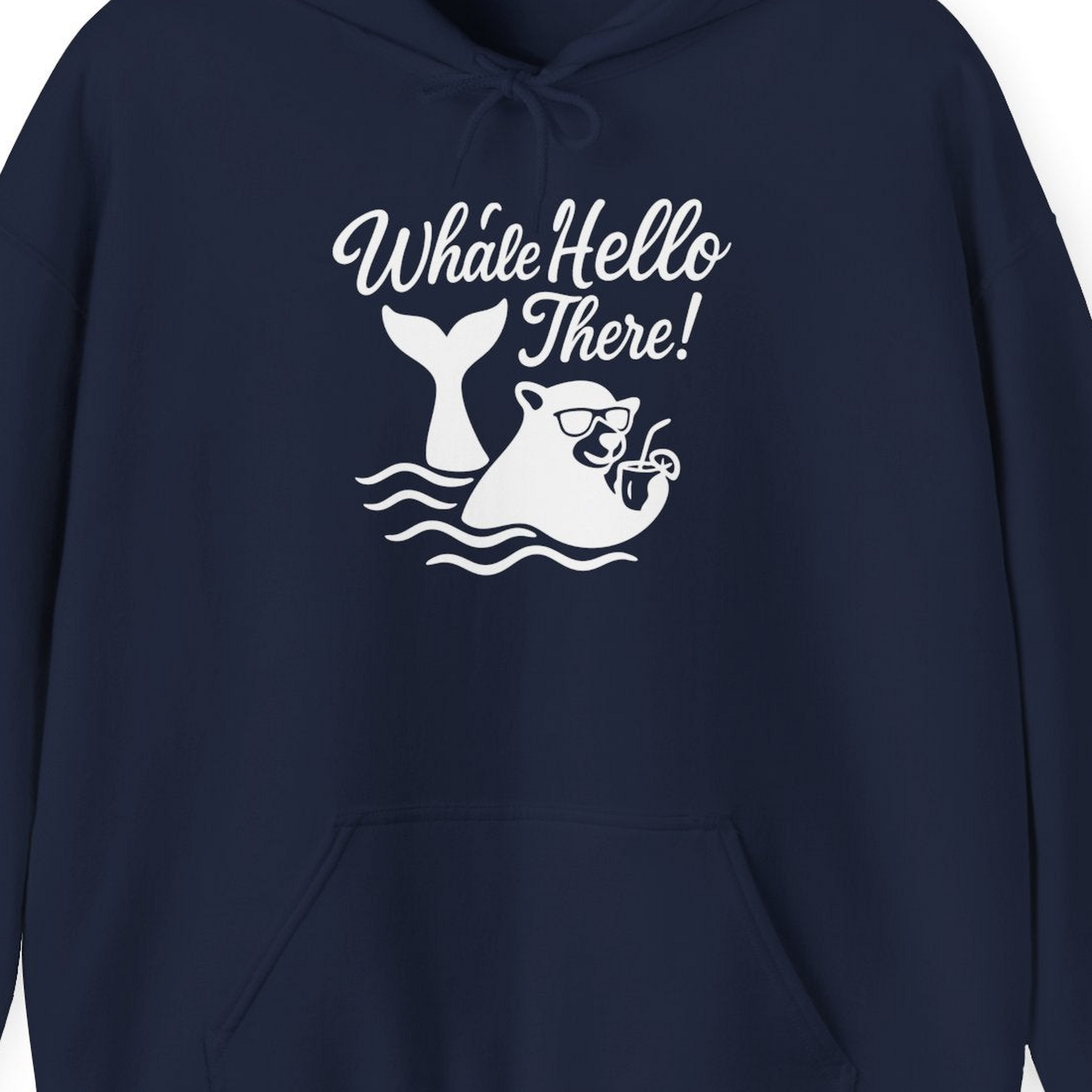 Whale Hello There Shirt Hoodie – Navy – Alaska Cruise Shirts Close Up