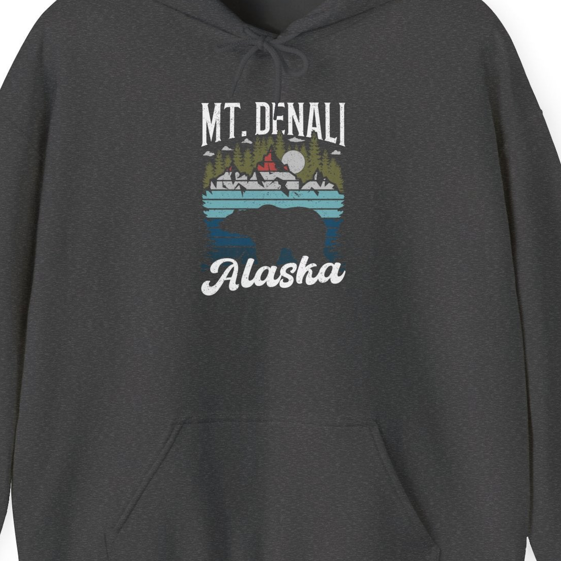 Mt Denali Alaska Bear Wilderness Shirt Hoodie – Dark Heather – Alaska Cruise Shirts Close Up