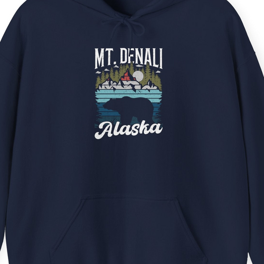 Mt Denali Alaska Bear Wilderness Shirt Hoodie – Navy – Alaska Cruise Shirts Close Up
