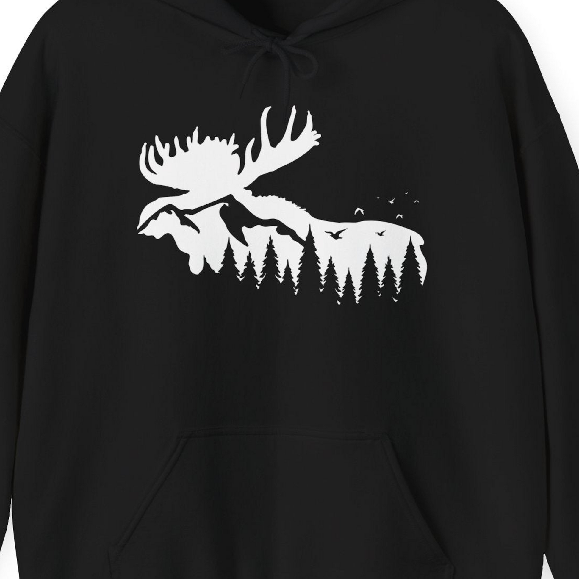 Moose Silhouette Forest Scene Shirt Hoodie – Black – Alaska Cruise Shirts Close Up