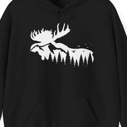 Moose Silhouette Forest Scene Shirt Hoodie – Black – Alaska Cruise Shirts Close Up