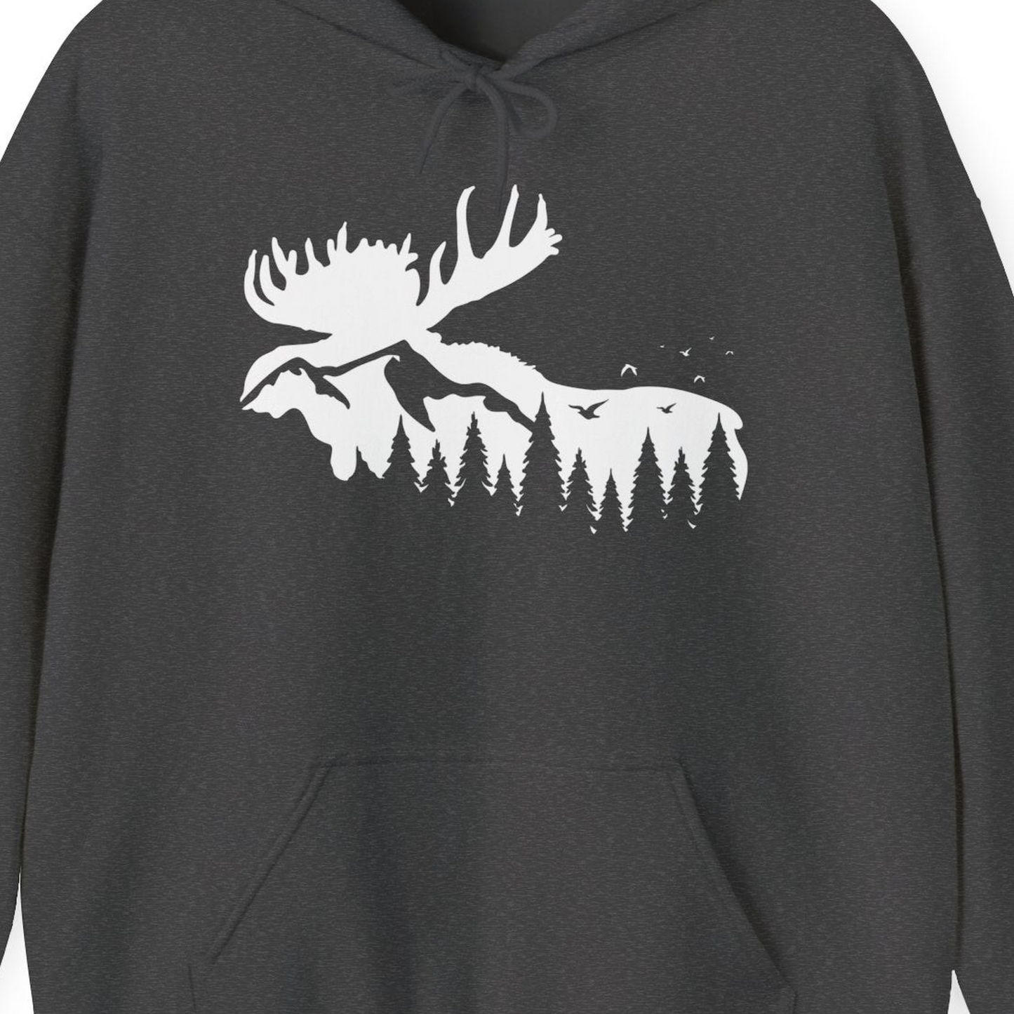 Moose Silhouette Forest Scene Shirt Hoodie – Dark Heather – Alaska Cruise Shirts Close Up