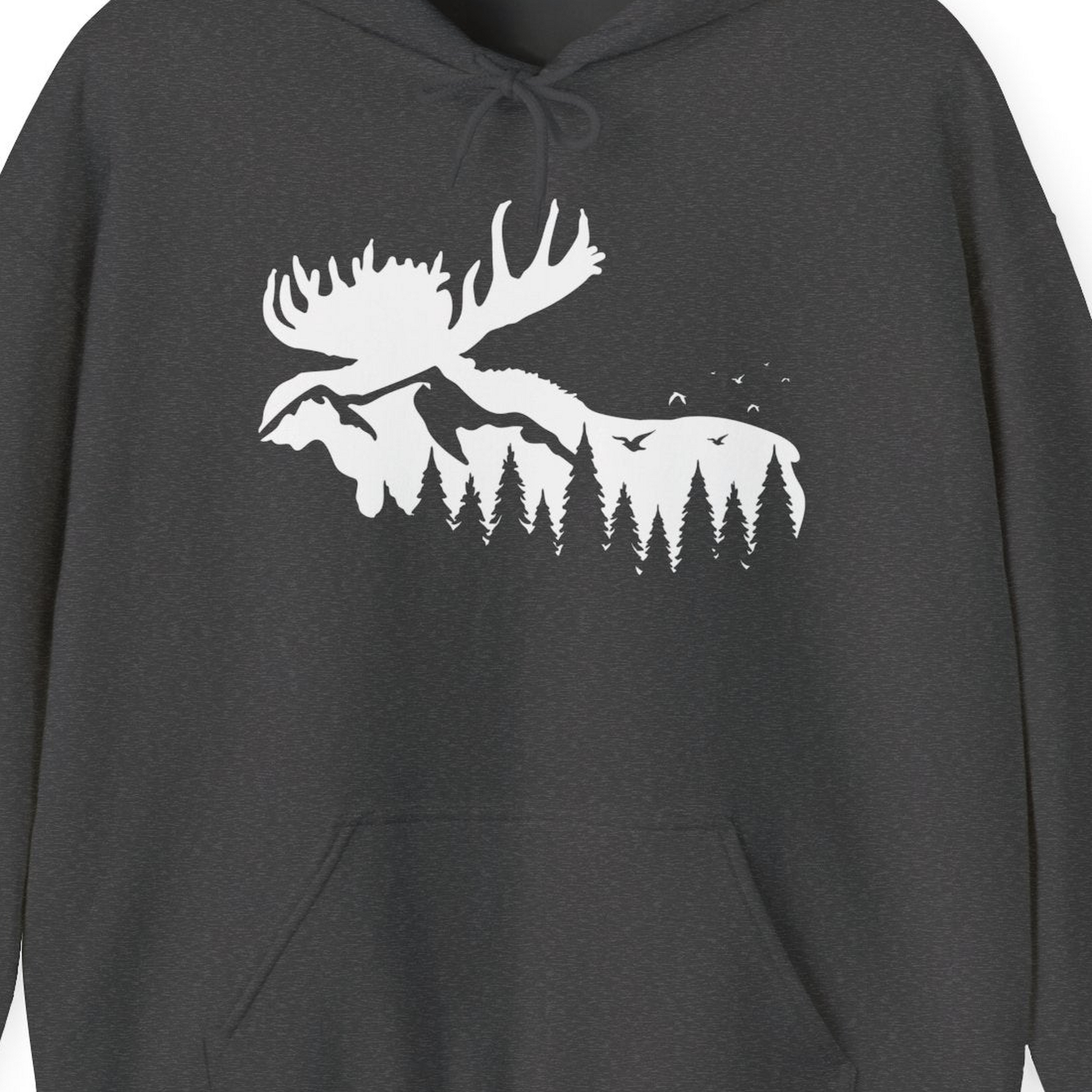 Moose Silhouette Forest Scene Shirt Hoodie – Dark Heather – Alaska Cruise Shirts Close Up