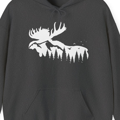 Moose Silhouette Forest Scene Shirt Hoodie – Dark Heather – Alaska Cruise Shirts Close Up